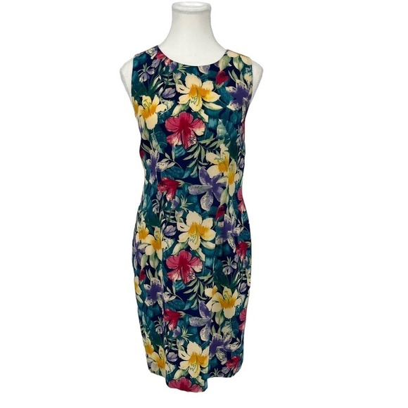 Vintage Maggy London Silk Mini Dress Hawaiian Tropical Floral Colorful 8 Petite - Picture 2 of 12
